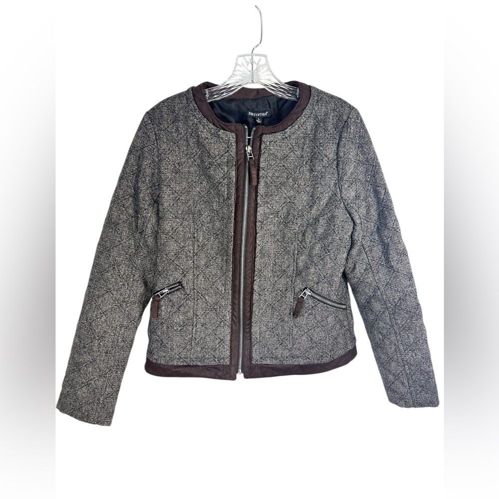 Anthropologie For Cynthia Brown Tweed Lined Quilted Blazer Zip Up Jacket Sz L